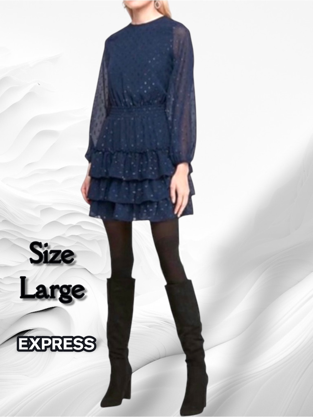 EXPRESS NAVY SMOCKED TIERED CLIP DOT FIT AND FLARE DRESS SIZE Large